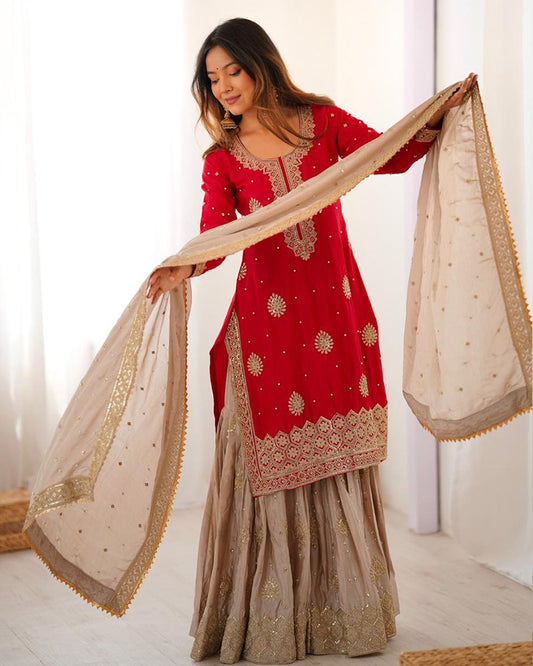 Red Color Chinon Silk Embroidered Sharara Suit
