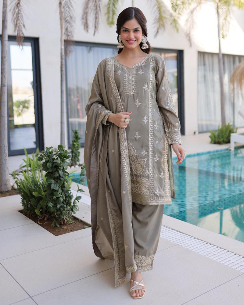 Grey Color Ho Silk Embroidered Kurti Suit