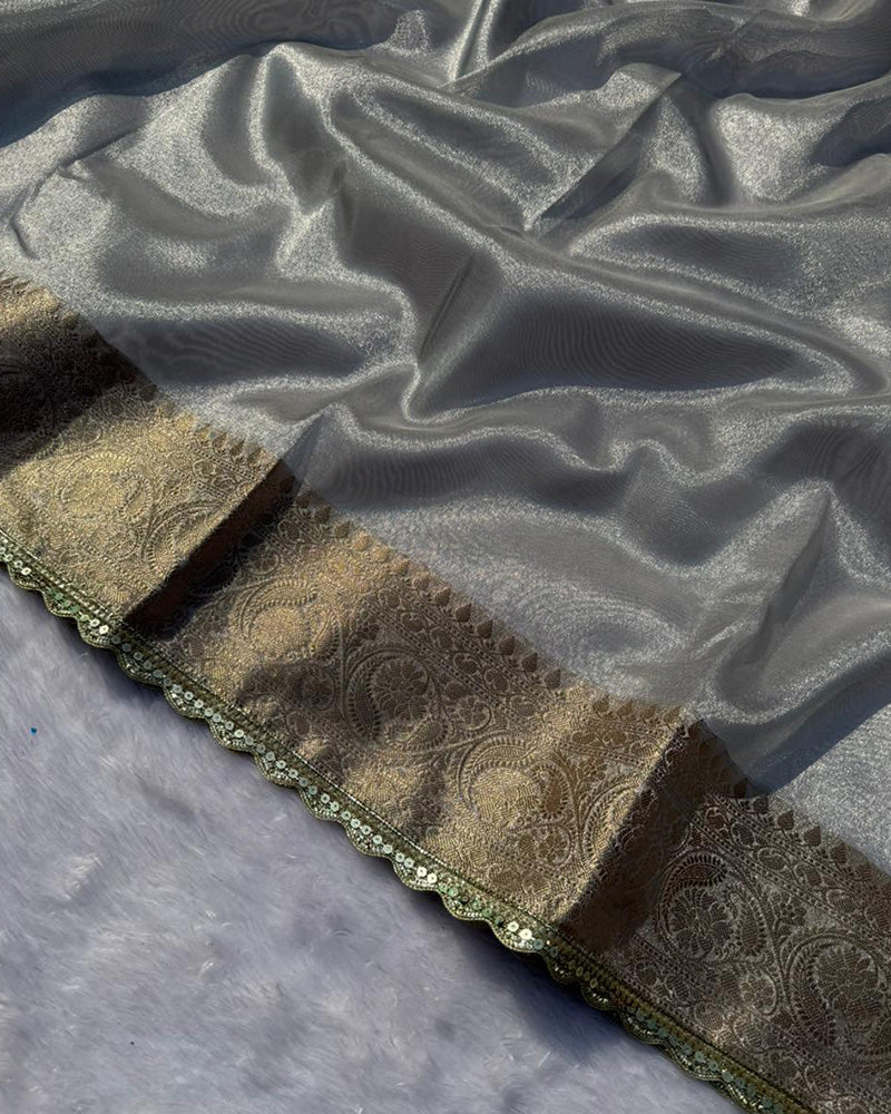 Grey Color Silver Zari Weaving Tissue Saree