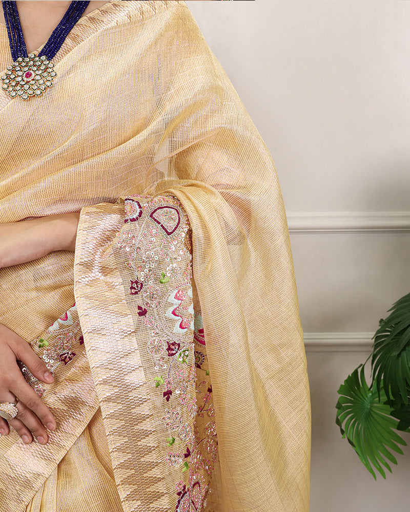 Yellow Color Embroidered Kota Tissue Saree