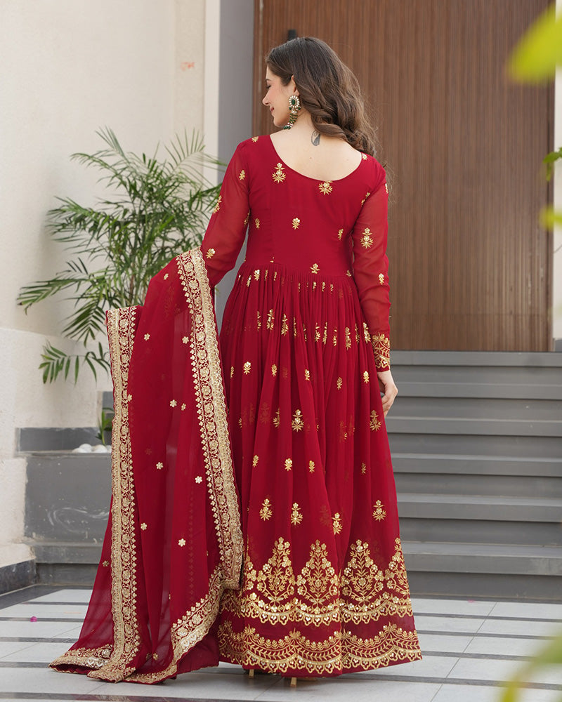 Maroon Color Designer Blooming Embroidered Gown