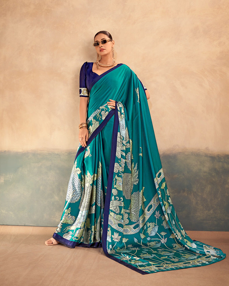Firozi Color Satin Silk Kalamkari Printed Saree