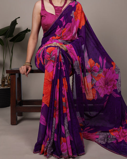 Purple Color Weightless Marble Floral Printed Saree