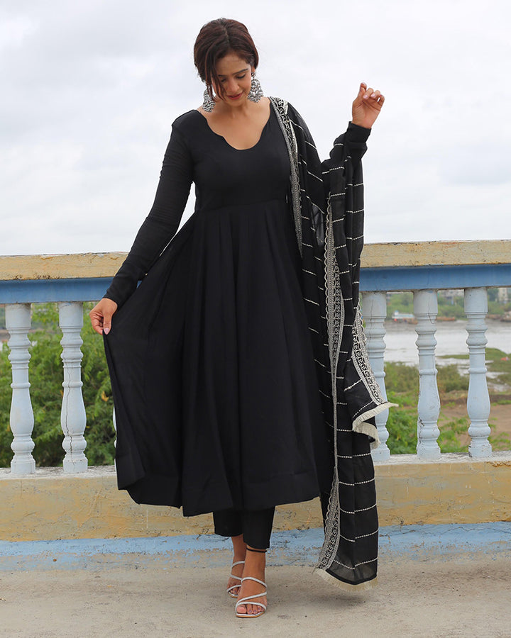 Black Color Georgette Anarkali With Embroidered Dupatta