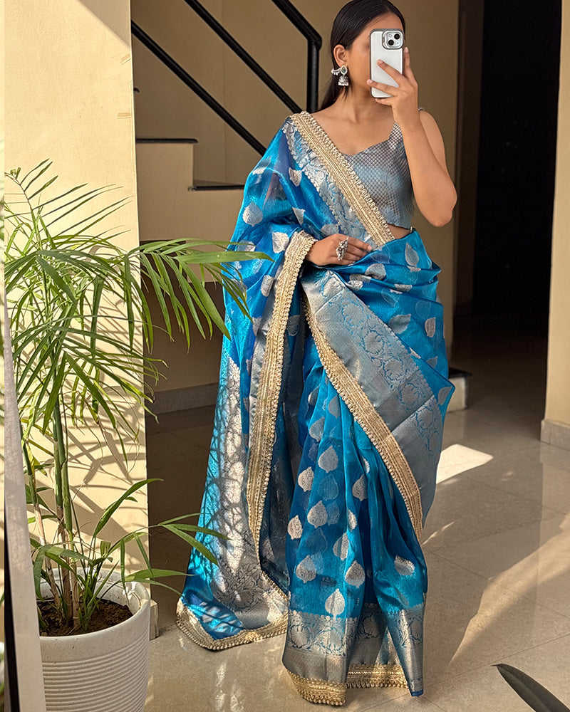 Sky Color Banarasi Tissue Gold Zari Weaving Saree
