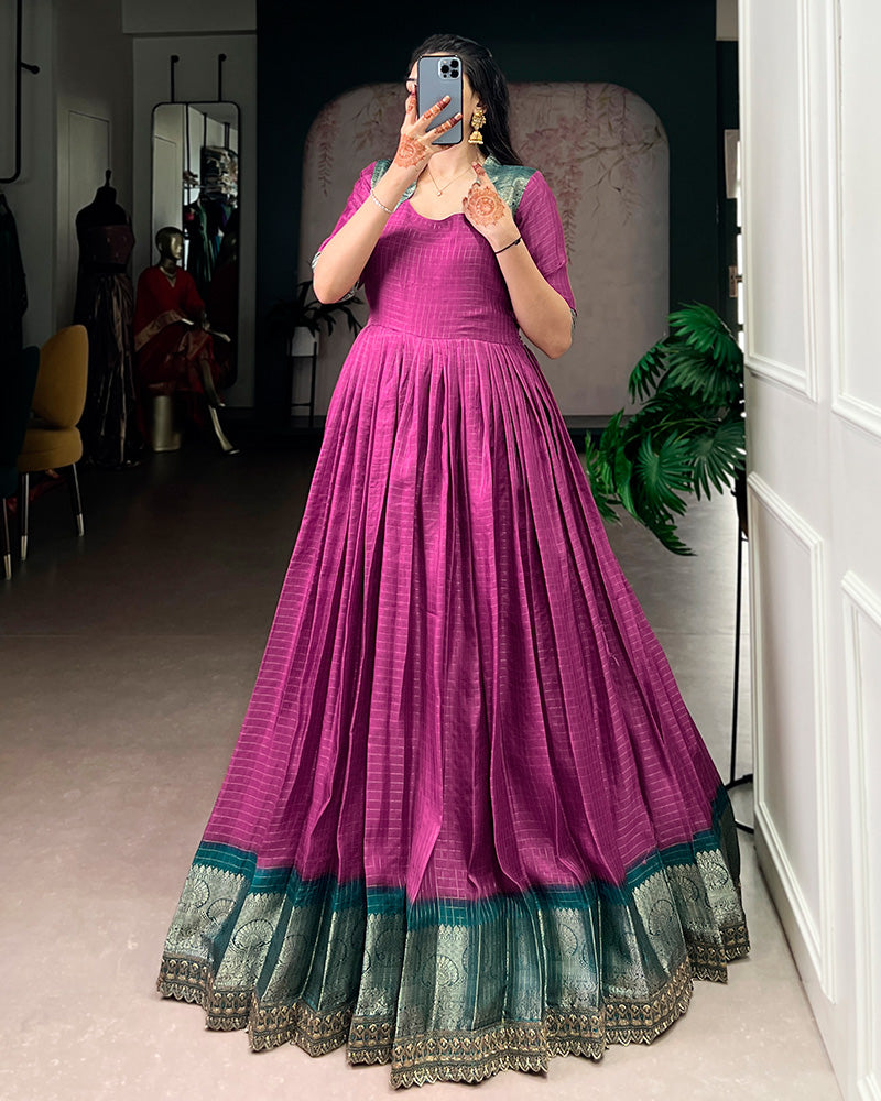 Pink Color Dola Chex Zari Weaving Gown