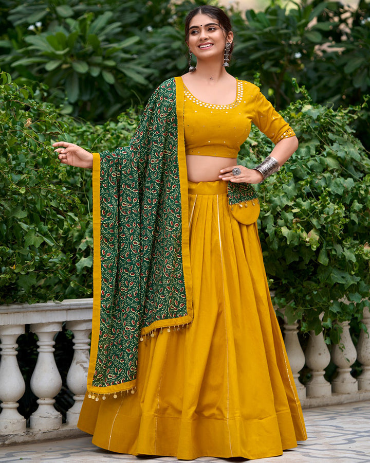 Mustard Color Cotton Plain Navratri Lehenga Choli