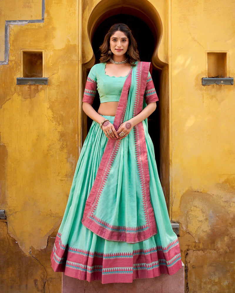 Sky Blue Color Pure Chanderi Threaded Half Saree