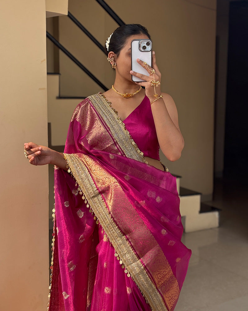 Rani Pink Color Banarasi Organza Tissue Silk Saree