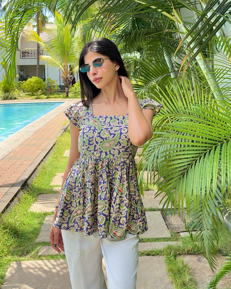 Blue Color Pure Cotton Kalamkari Printed Tunic