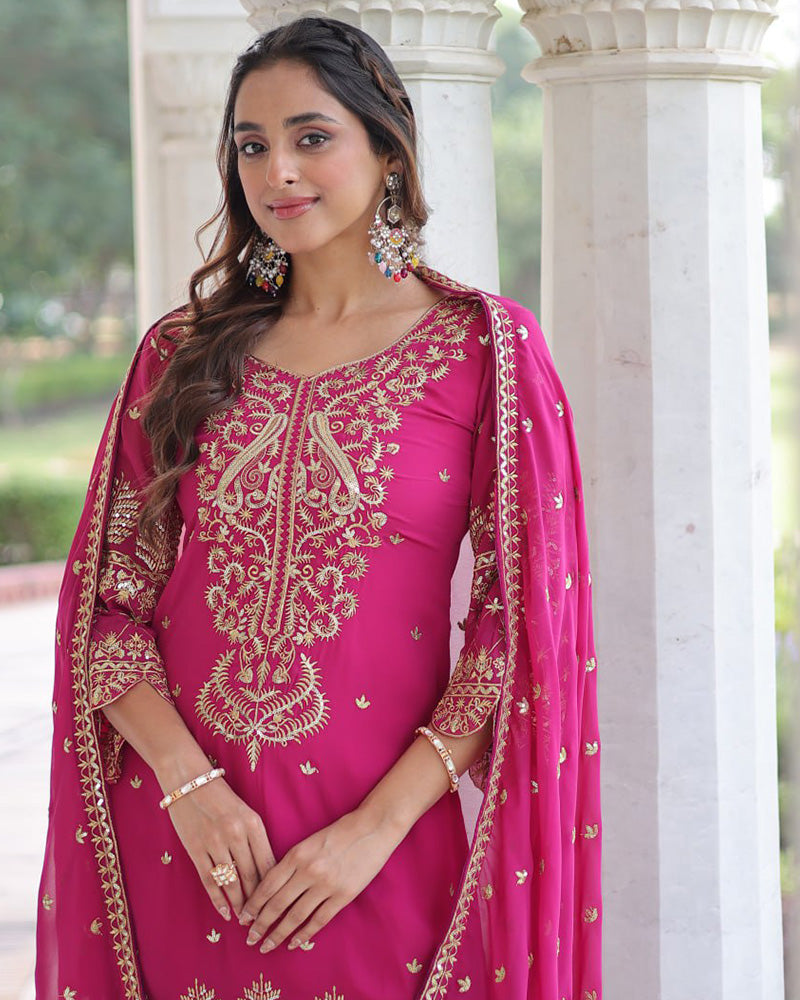 Rani Pink Color Georgette Embroidered Three Piece Kurti Suit