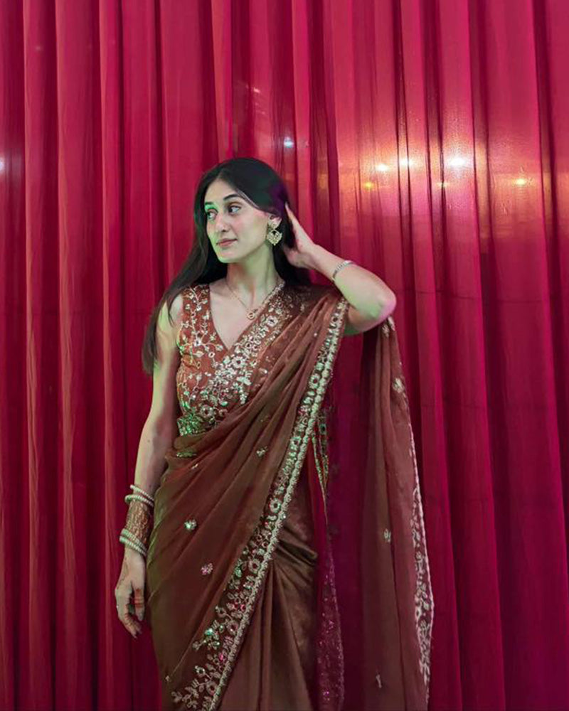 Vandana Kholiya In Brown Color Fendi Chiffon Sequence Embroidered Saree