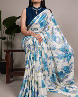Sky Blue Color Satin Silk Floral Printed Saree