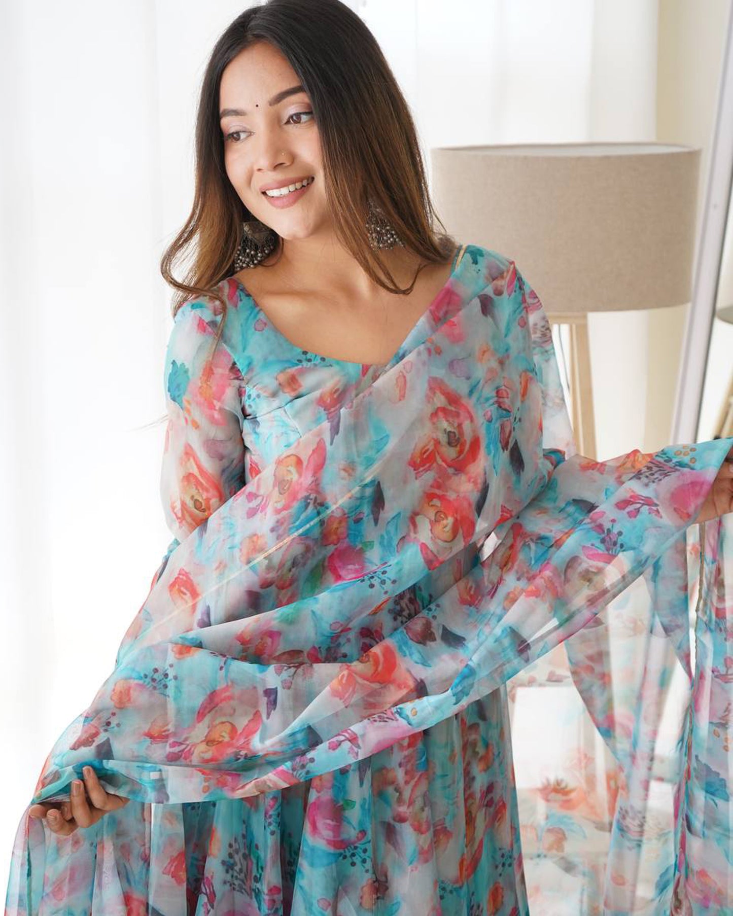 Sky Blue Multi Color Print Organza Three Piece Anarkali Suit