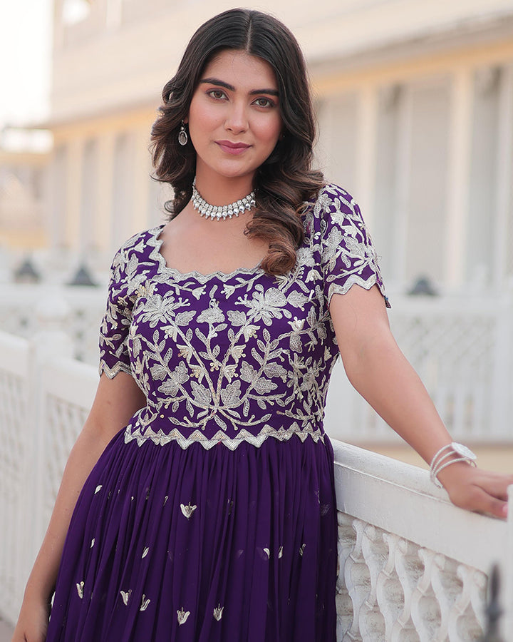 Purple Color Faux Blooming Sequins Embroidered Anarkali Gown