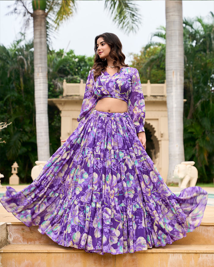 Purple Color Georgette Printed Crop Top Lehenga Choli