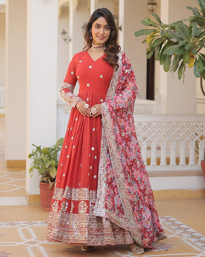 Red Color Faux Georgette Designer Gown With Dupatta