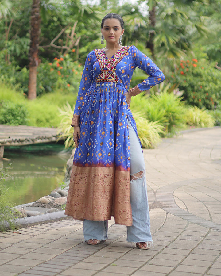 Blue Color Cotton Printed Navratri Kurti