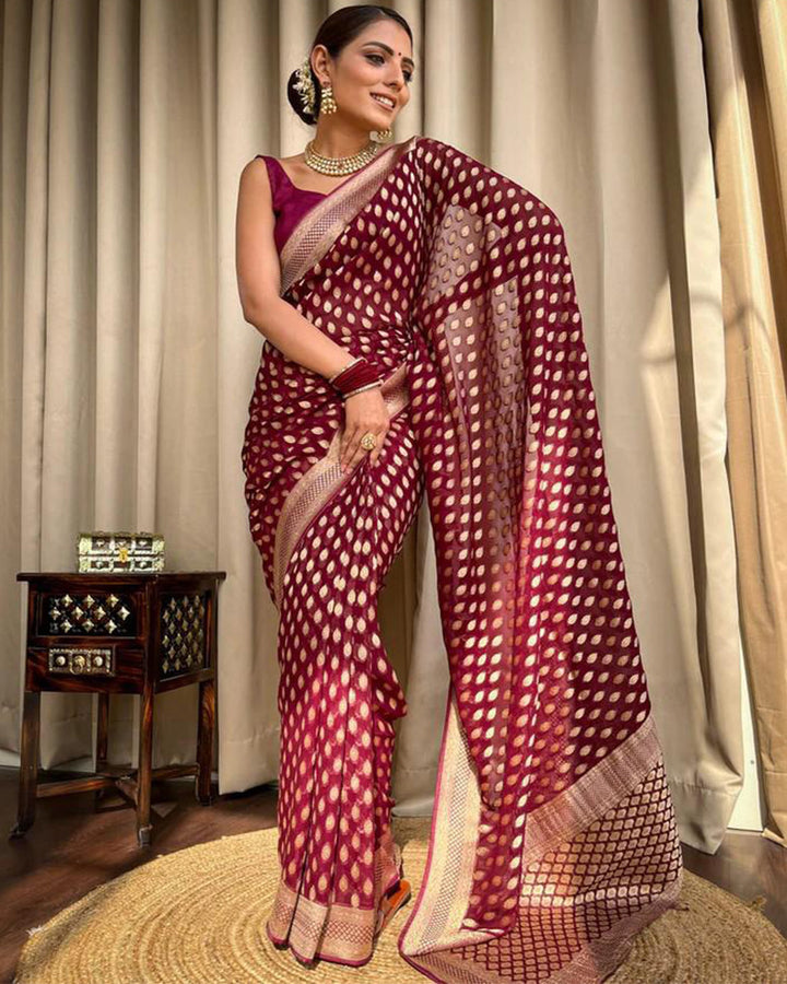 Beautiful Maroon Color Banarasi Jacquard Weaving Saree