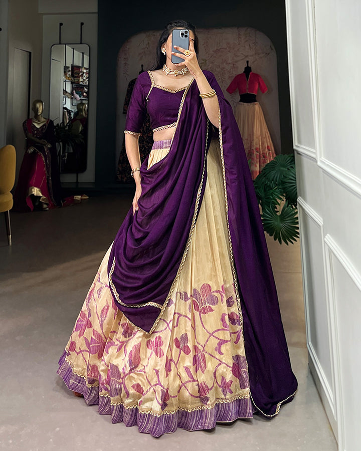 Purple Color Green Silk Printed Lehenga Choli