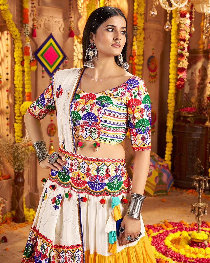 Traditional White Multi Color Thread And Mirror Work Lehenga Choli