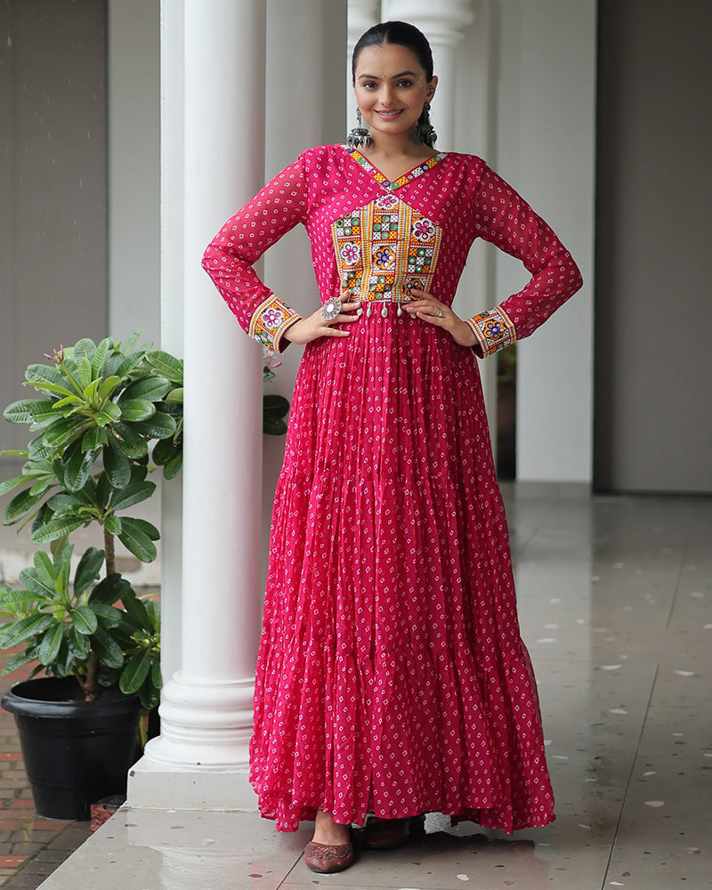 Pink Color Georgette Bandhani Print Navratri Gown