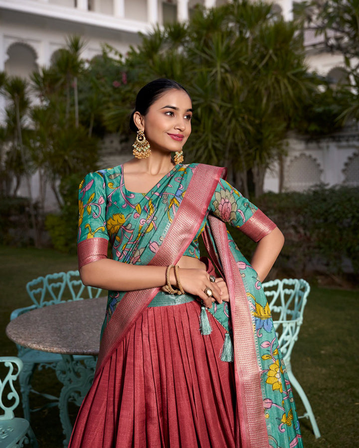 Orange Color Dola Silk Kalamkari Printed Lehenga Choli