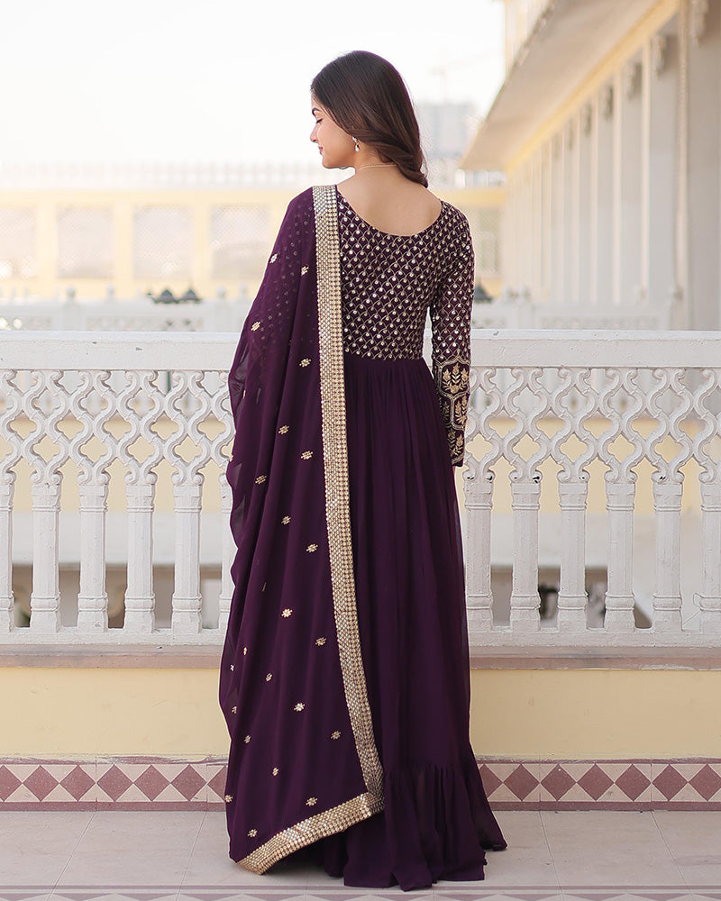 Wine Color Faux Blooming Gown With Sequins Embroidered Dupatta