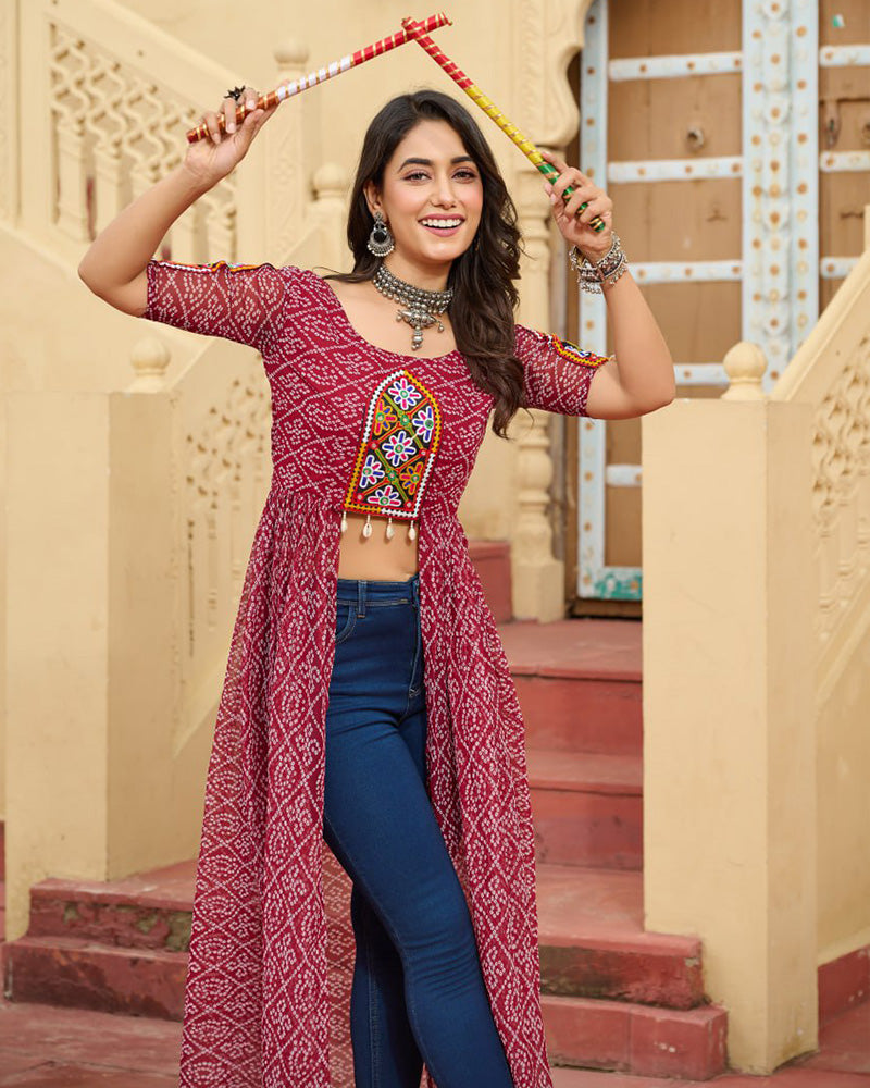 Maroon Color Georgette Bandhani Print Navratri Kurti