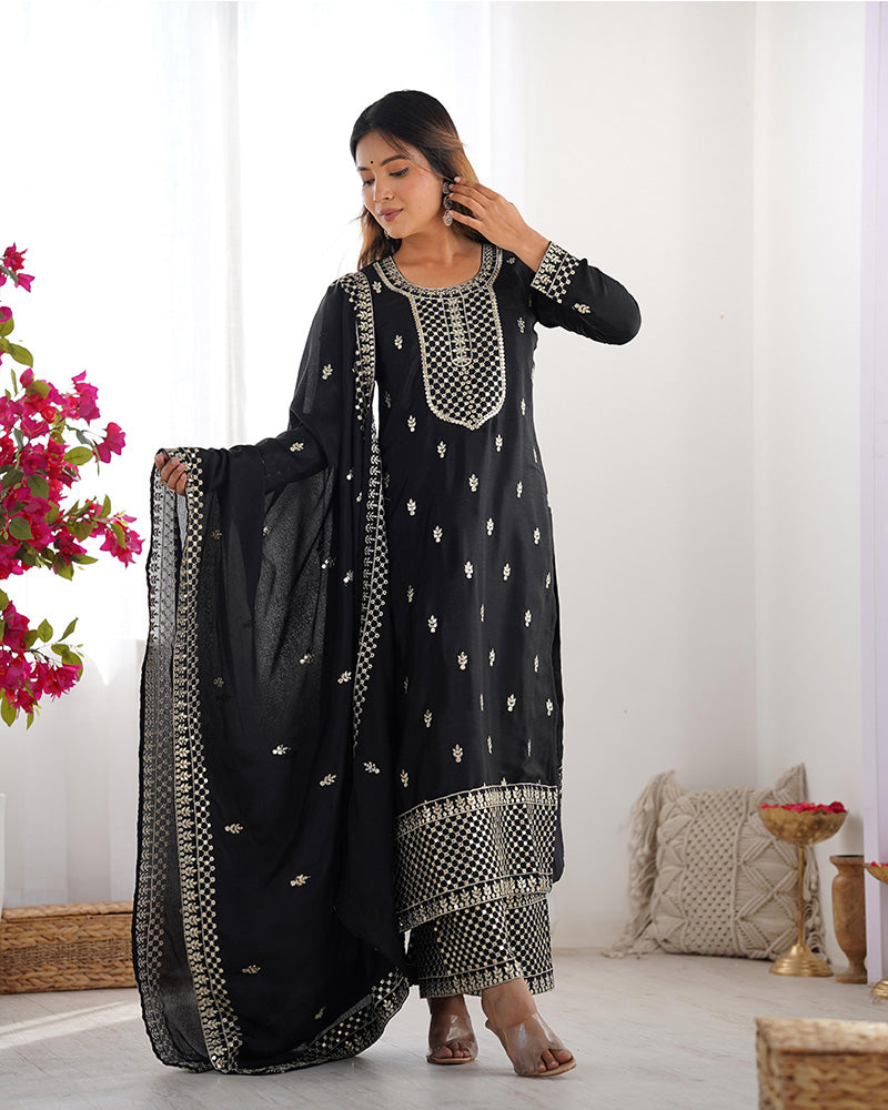Black Color Chinon Silk Three Piece Kurti Suit