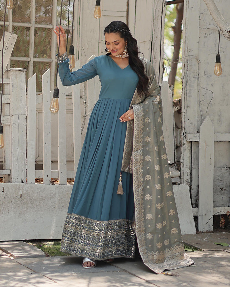 Designer Sky Blue Color Faux Georgette Embroidered Gown