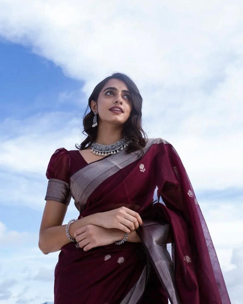 Wine Soft Linen Cotton silk Saree