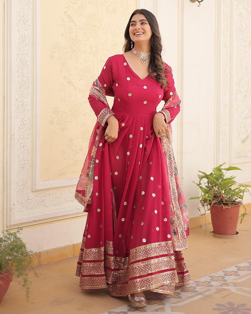 Faux Georgette Rani Pink Color Anarkali Gown With Tebby Silk Dupatta
