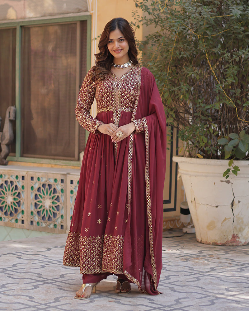 Designer Brown Color Three Piece Sharara Suit