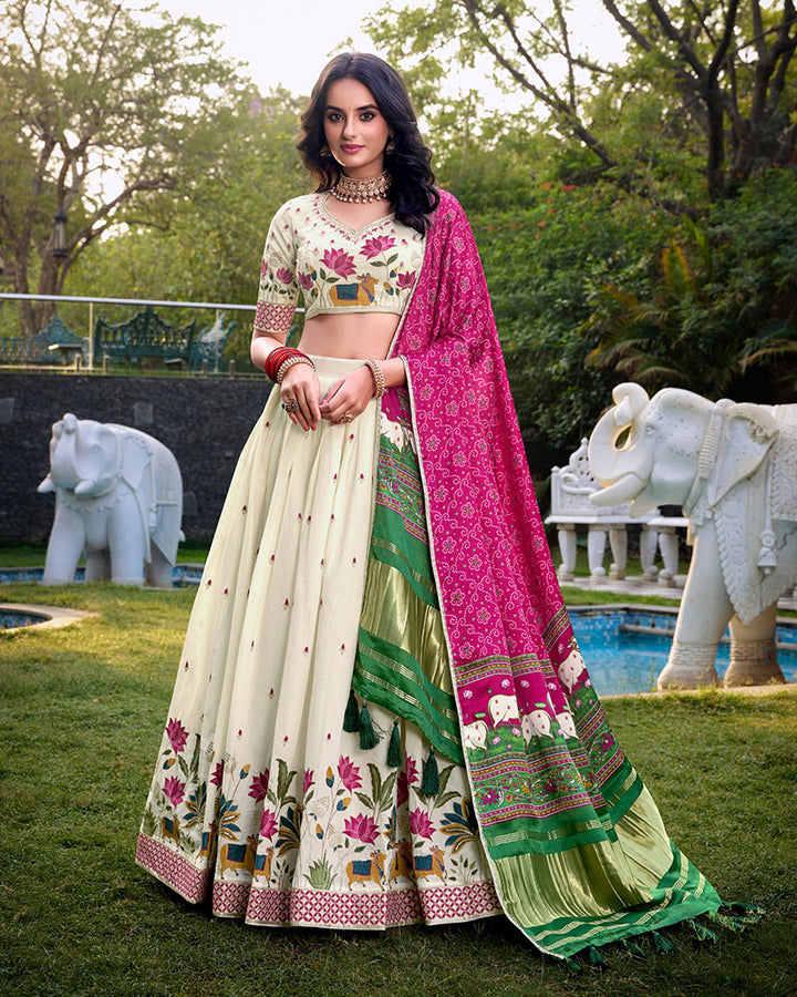 Lotus Shape Off-White Color Cotton Lehenga Choli