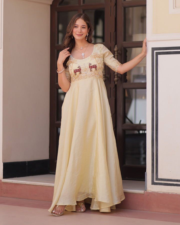 Cream Color Gold Crush Embroidered Work Gown