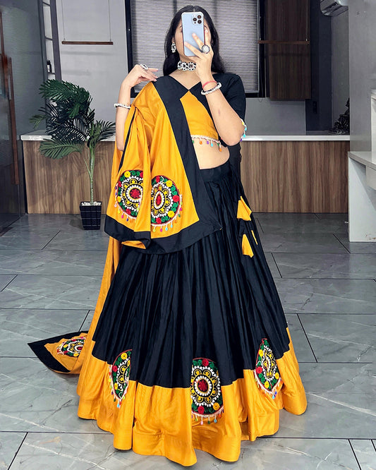 Mustard And Black Color Pure Rayon Cotton Navratri Lehenga Choli