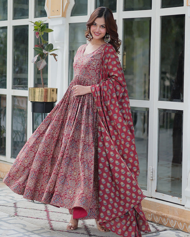 Premium Maroon Color Pure Cotton Kurti With Pant And Dupatta Set