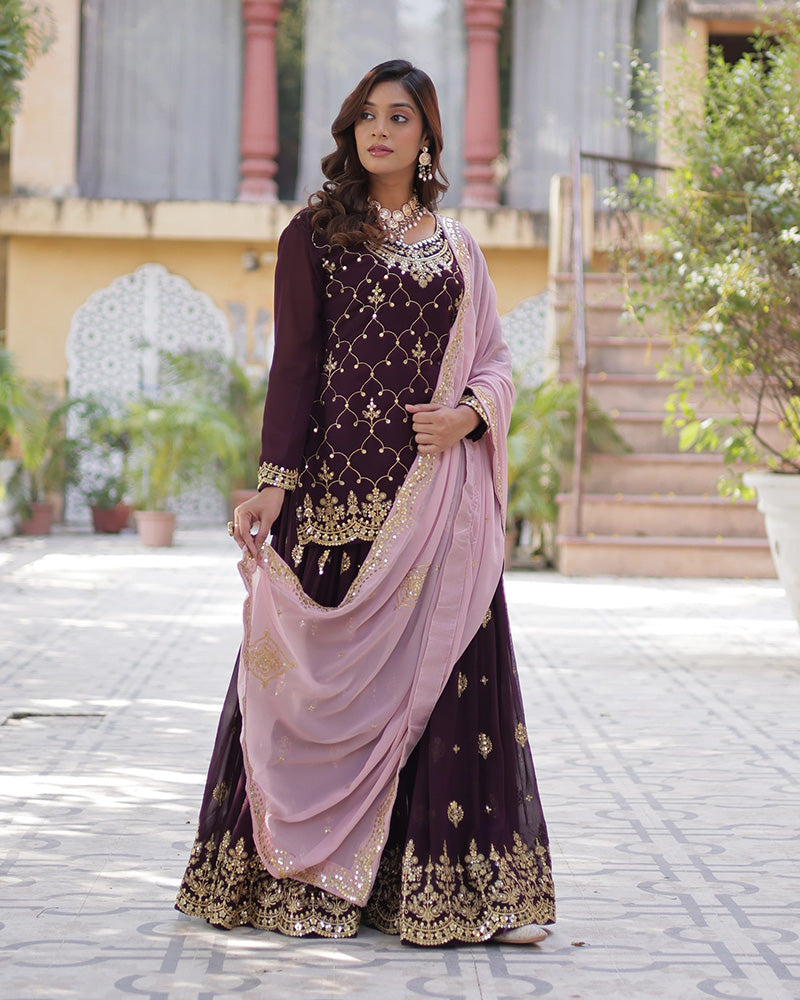 Wine Color Faux Blooming Embroidered Plazzo Suit