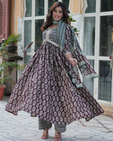 Coffee Brown Color Printed Pure Cotton Three Piece Kurti Suit