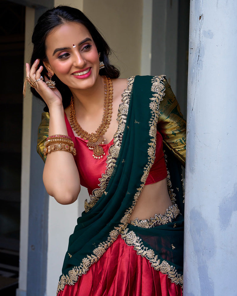 Red Color Narayan Pattu Silk Designer Half Saree