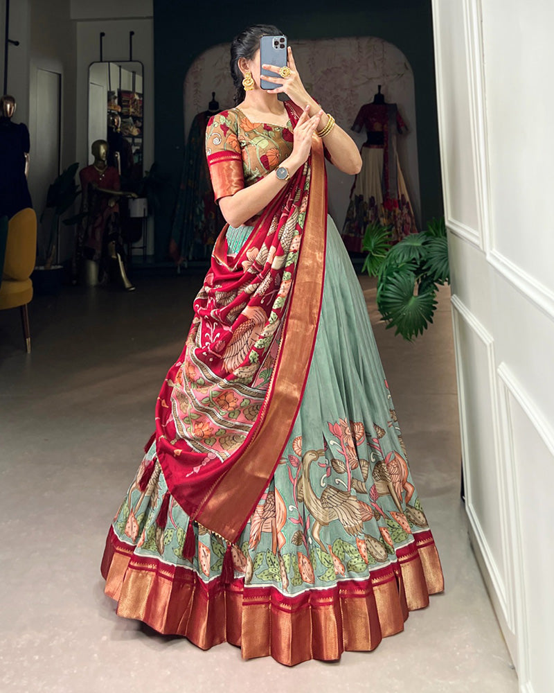 Sea Green Color Jacquard Dola Silk Printed Lehenga Choli