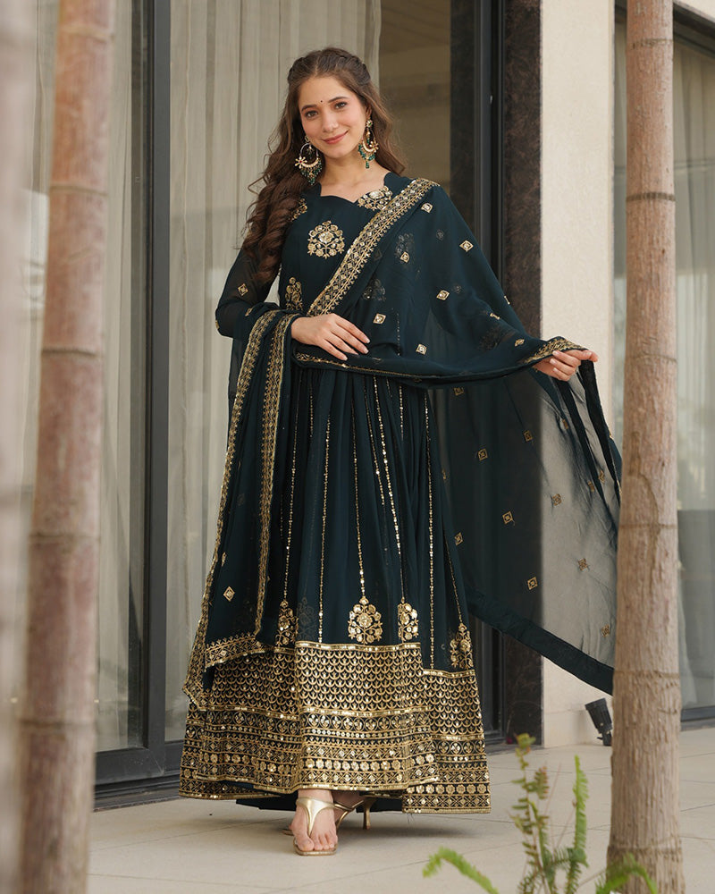 Deep Teal Green Color Designer Golden Embroidered Gown