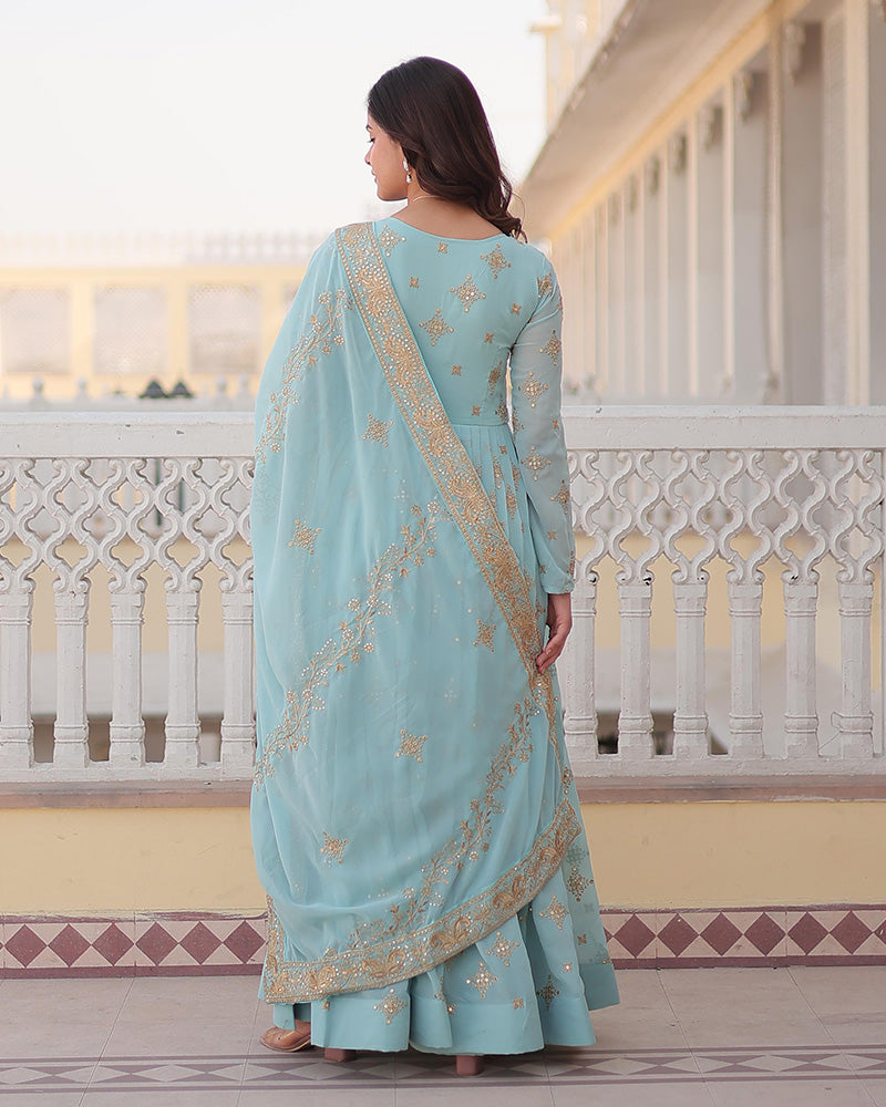 Sky Blue Color Faux Georgette Gown With Sequins Embroidered Dupatta