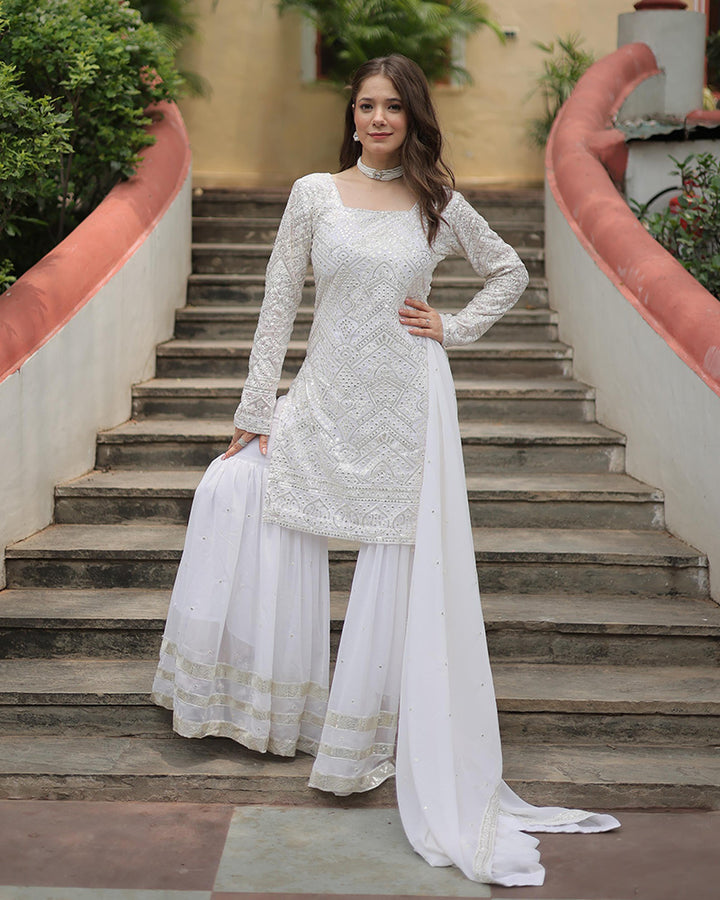 White Color Faux Georgette Embroidered Sharara Suit