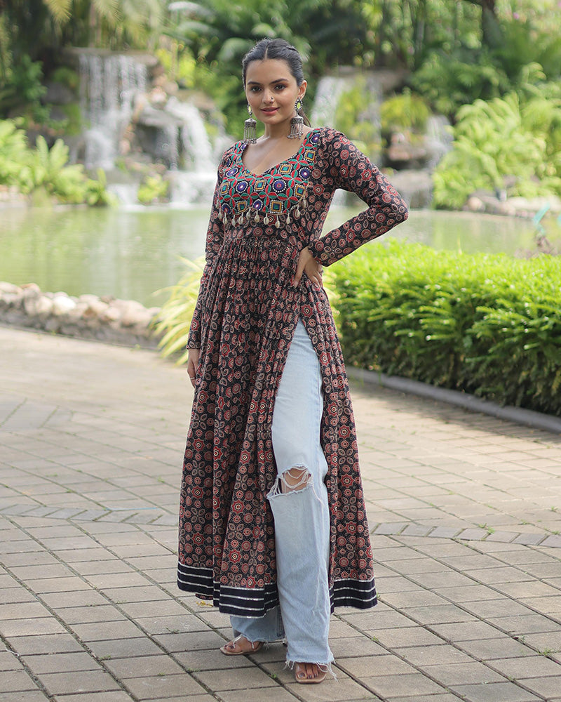 Black Color Cotton Printed Navratri Kurti