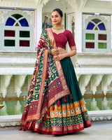 Green Color Tussar Silk Patola Printed Half Saree