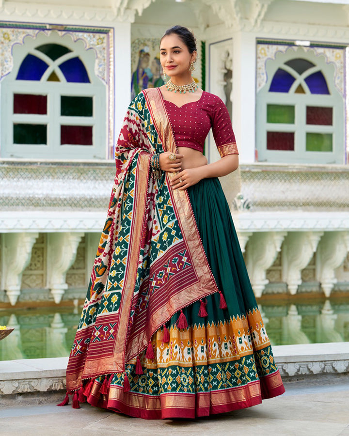 Green Color Tussar Silk Patola Printed Lehenga Choli