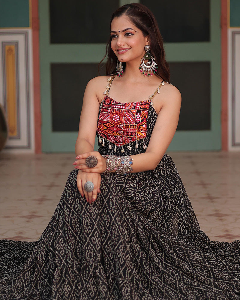 Black Color Georgette Bandhej Print Navratri Gown