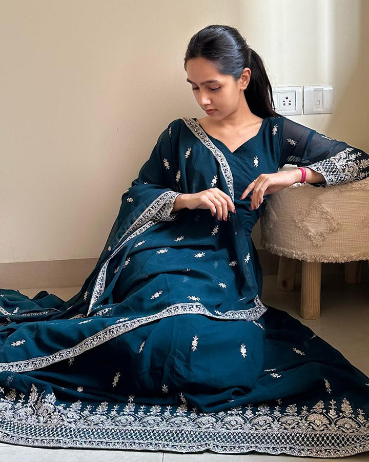 Rama Color Georgette Designer Anarkali Gown With Dupatta